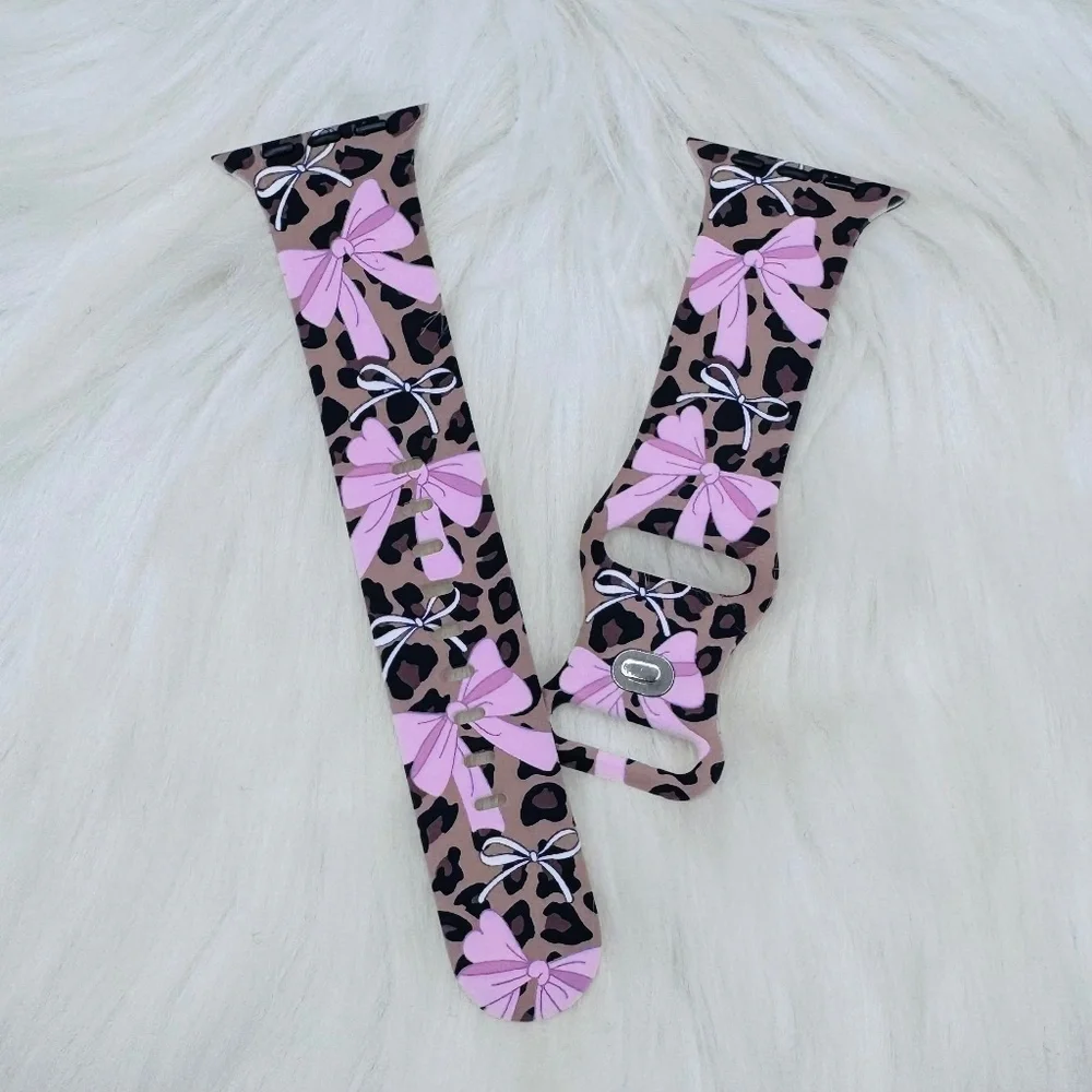 New Pink Bow & Leopard Watch Band For Apple Watch 42mm / 44mm / 45mm /49mm